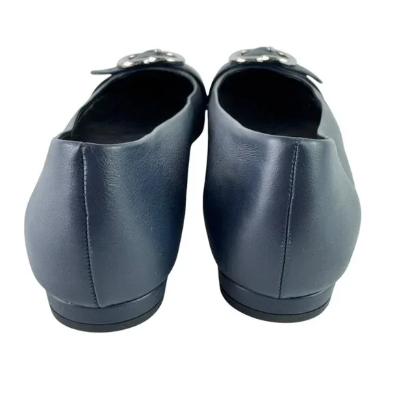 GUCCI Sachalin Navy Blue Leather GG Front Logo Cap Toe Ballet Flats 41 - 11US